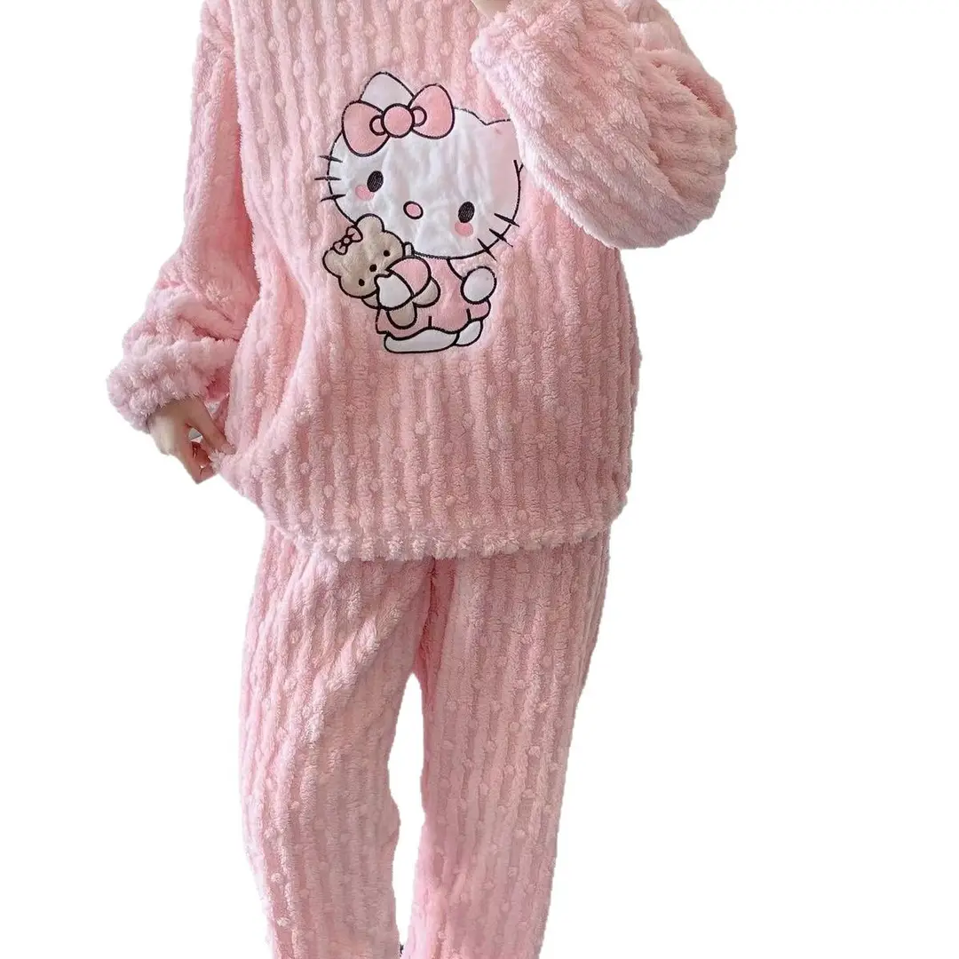 Women Fleece Hello Kitty Winter Pajamas Sweet Cartoon Home Wear