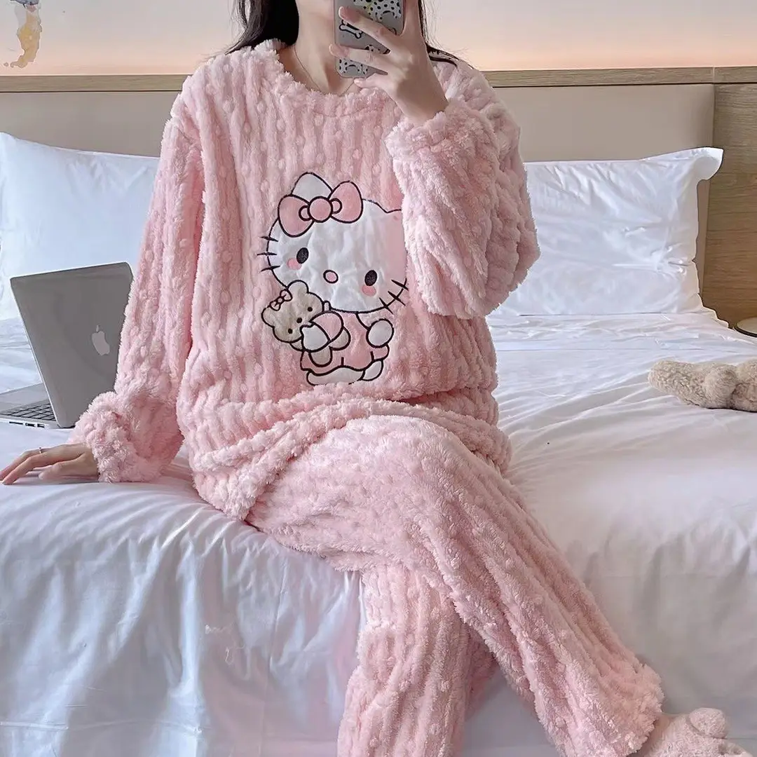 Women Fleece Hello Kitty Winter Pajamas Sweet Cartoon Home Wear