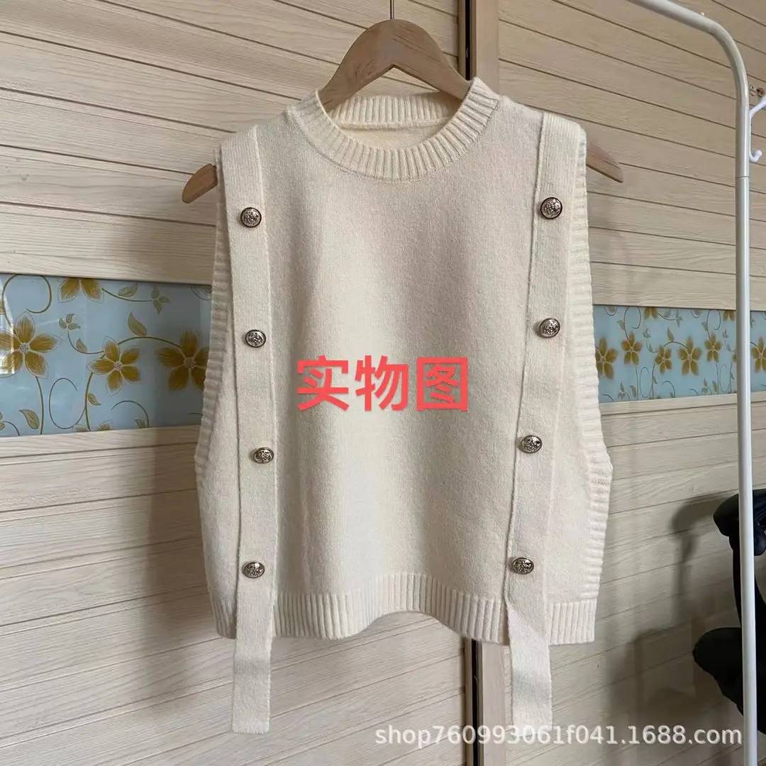 Women Knitted Button Vest Gray Casual Autumn Sweater