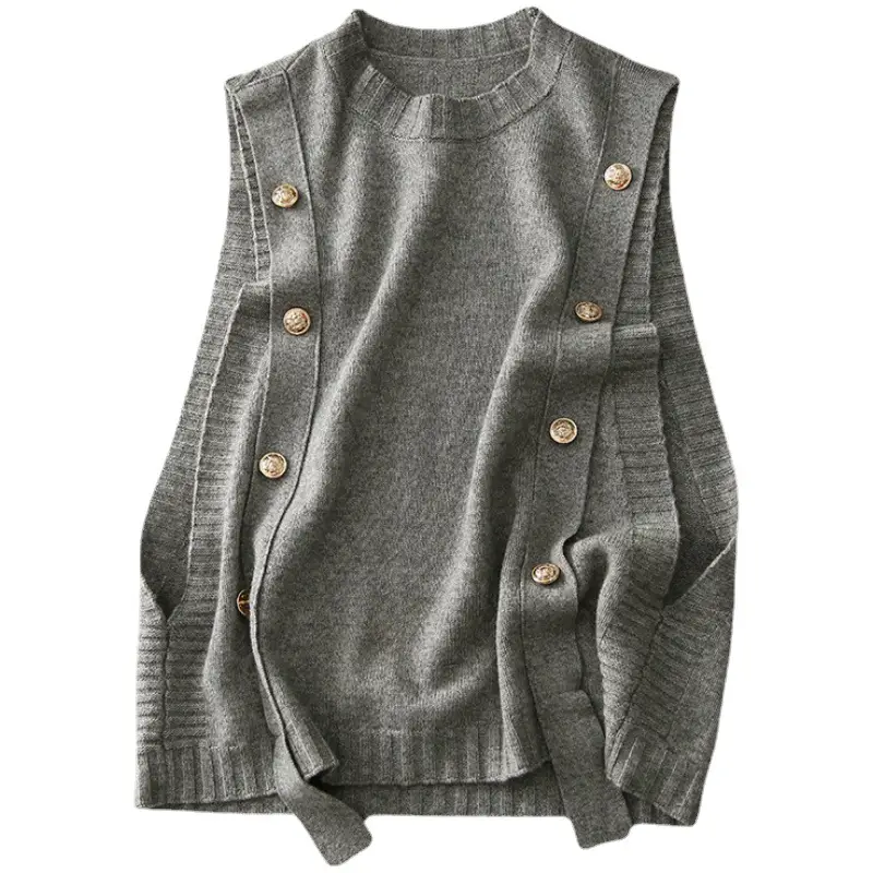 Women Knitted Button Vest Gray Casual Autumn Sweater