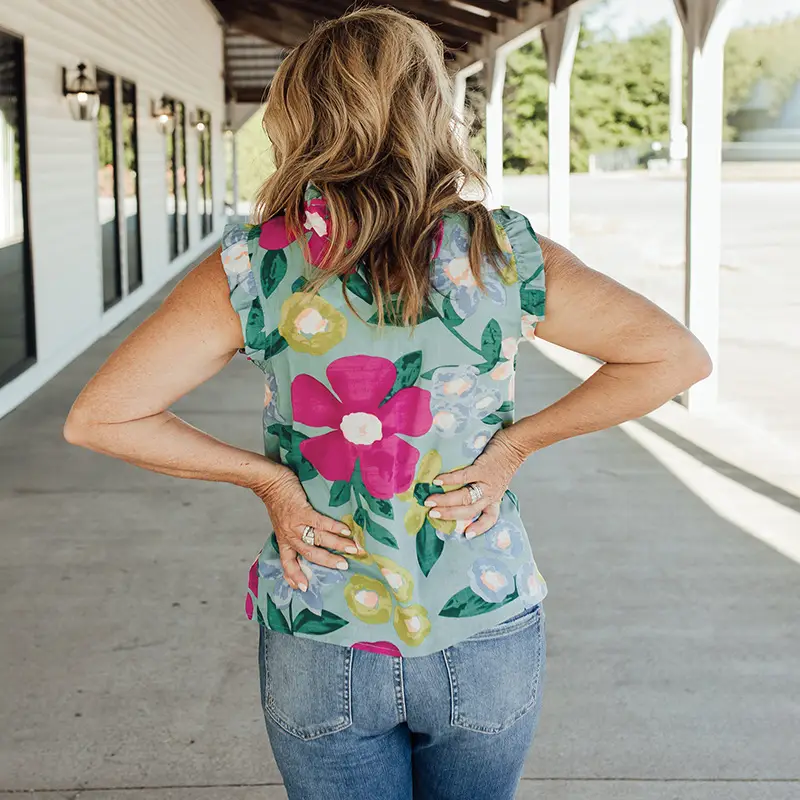 Women Floral Ruffled Sleeveless Top Summer Light Blue