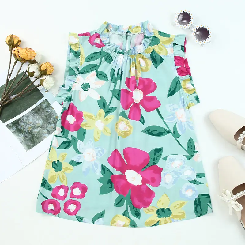 Women Floral Ruffled Sleeveless Top Summer Light Blue
