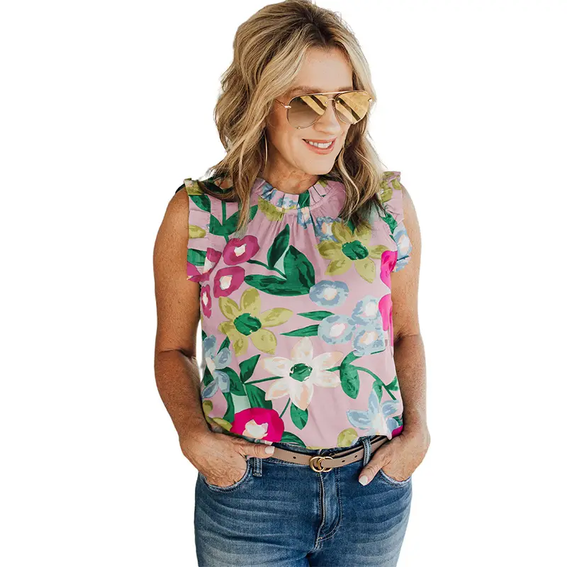Women Floral Ruffled Sleeveless Top Summer Light Blue