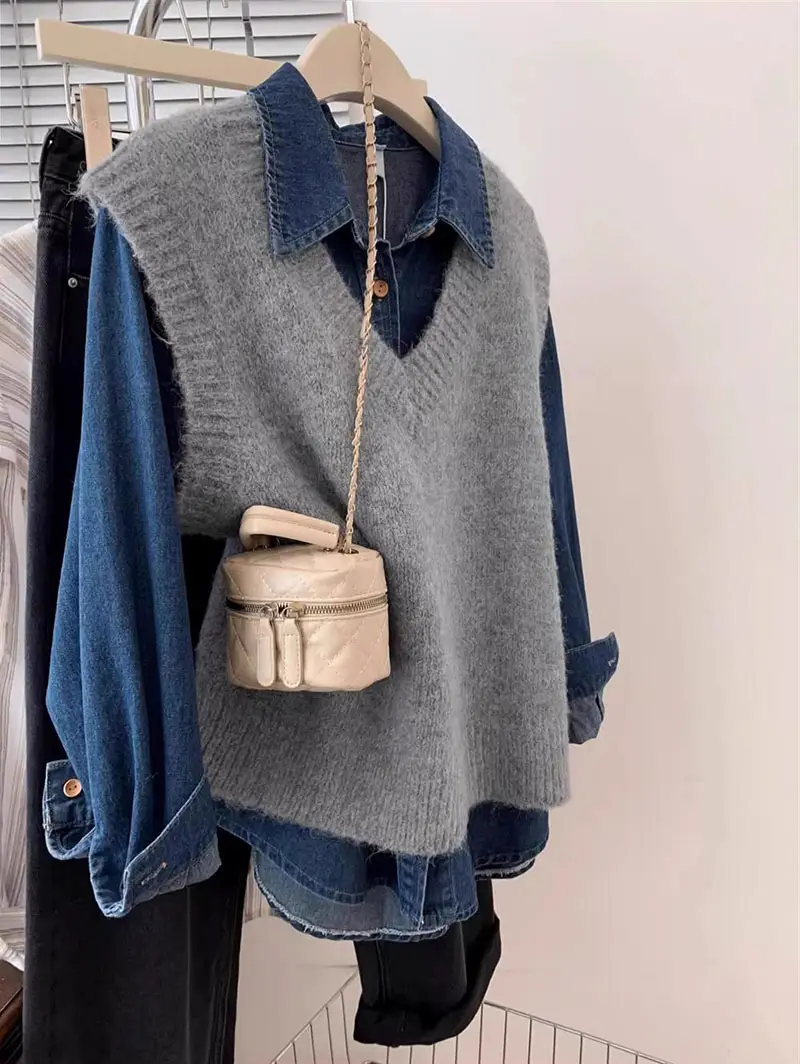 Grey Knitted Vest Women Spring Loose Fit