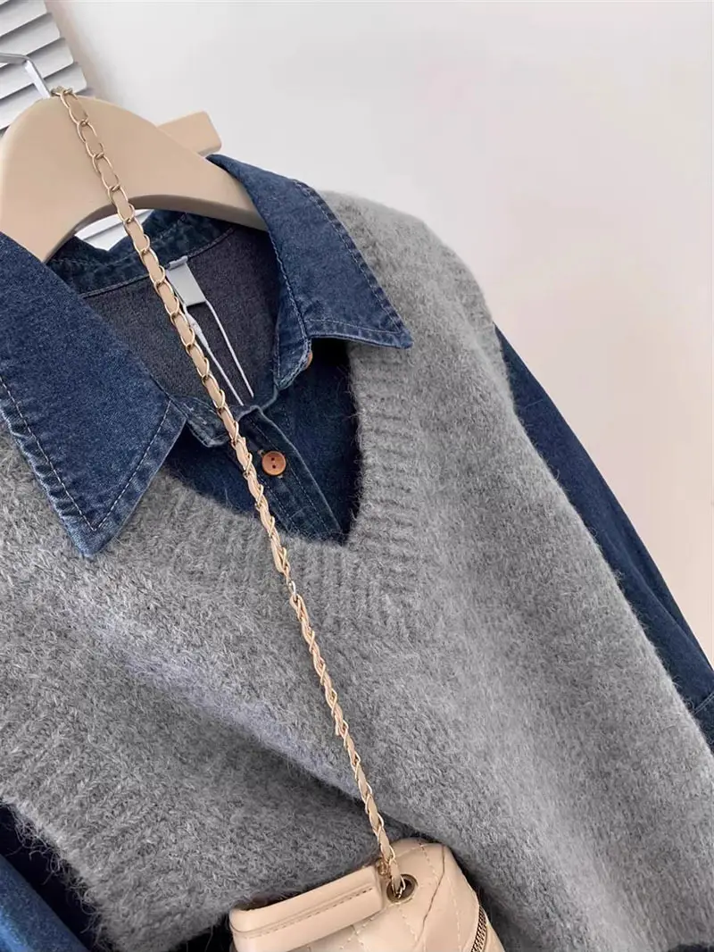 Grey Knitted Vest Women Spring Loose Fit