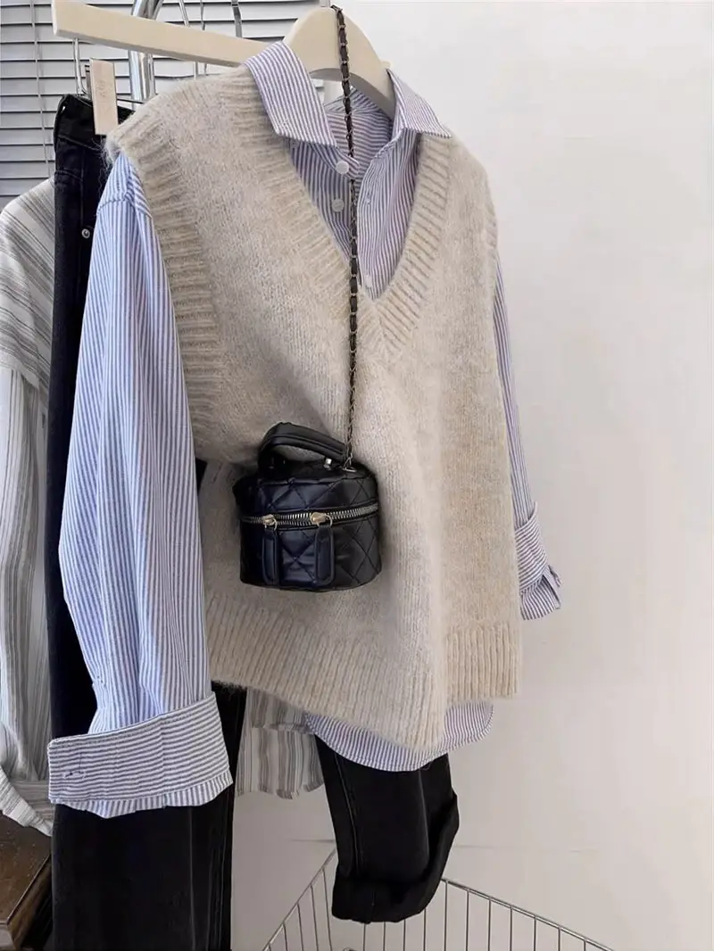 Grey Knitted Vest Women Spring Loose Fit