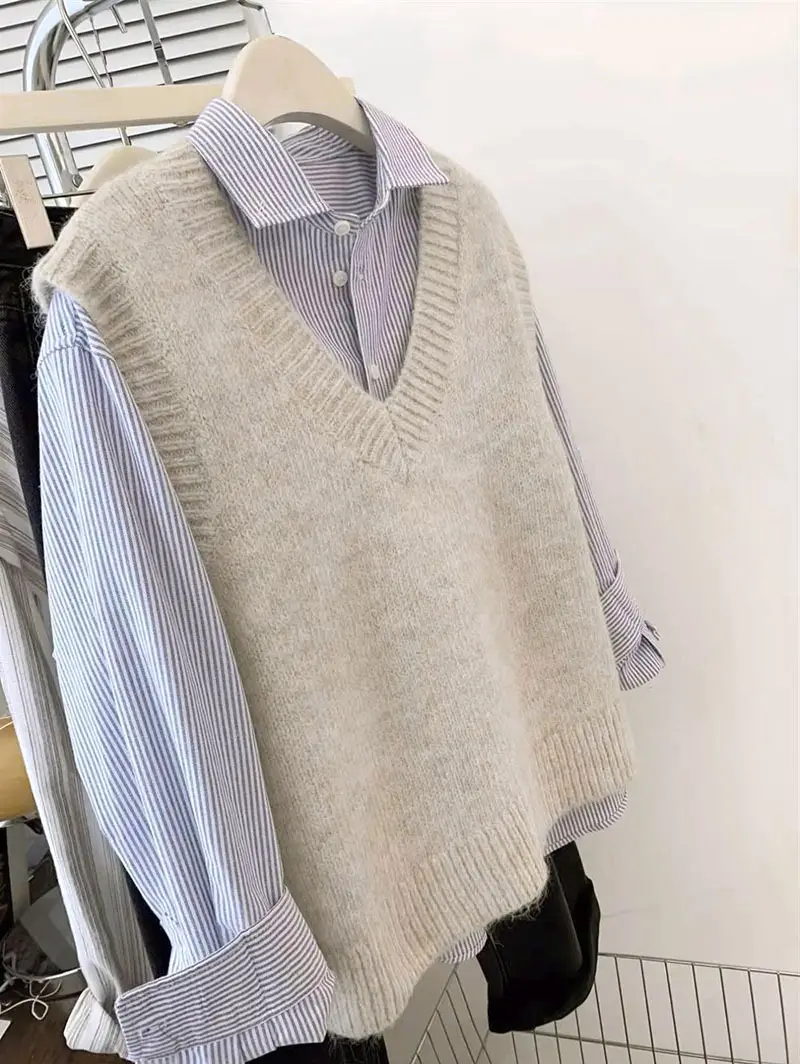 Grey Knitted Vest Women Spring Loose Fit