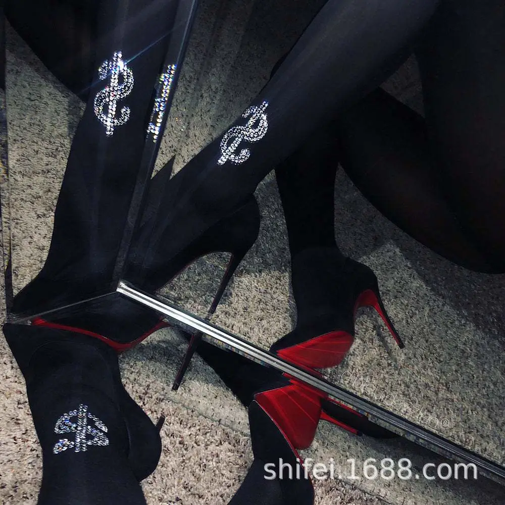 Women Silk Thigh High Socks Dollar Rhinestone Autumn Winter Medium