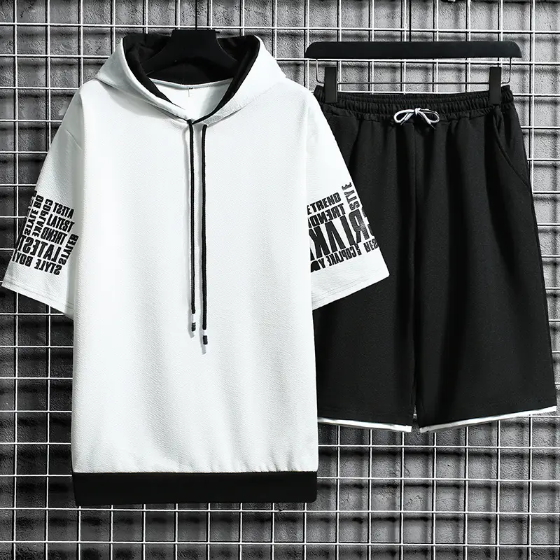 Men Hoodie Shorts Set White Black Summer Casual Sports Wear