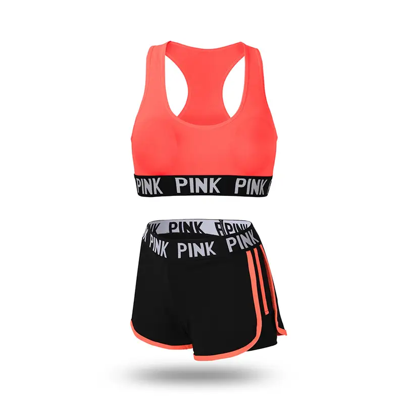 Shengzhan Sports Bra & Shorts Set Pink Black Fitness Yoga Wear