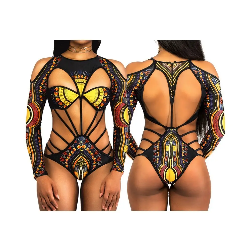 Women Ethnic Print One-Piece Swimsuit Black Multi-Strap