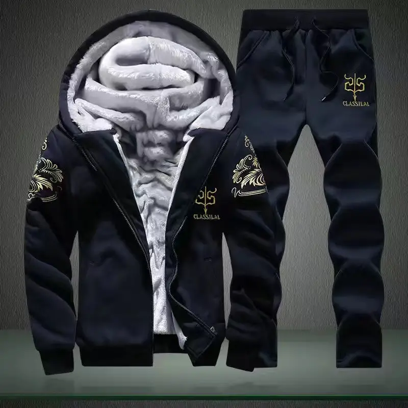 Winter Fleece Two-Piece Suit Black Gold Embroidered