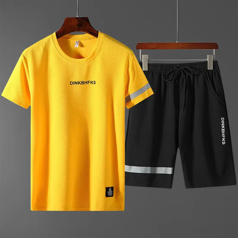 Men Summer Loose Sports Suit Yellow Black Shorts