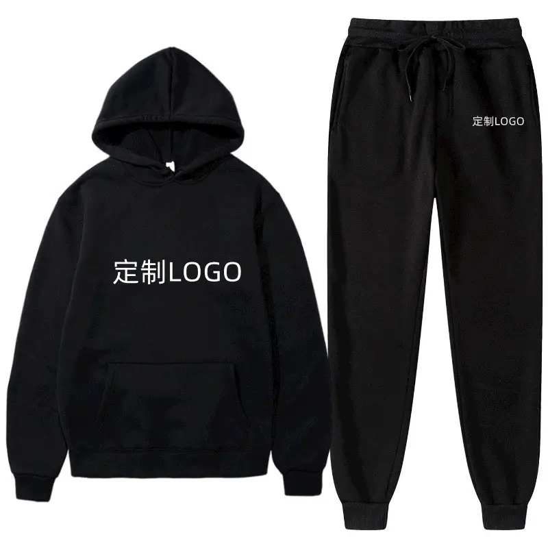 Men Fleece Hoodie Pants Set Black Winter Sportswear