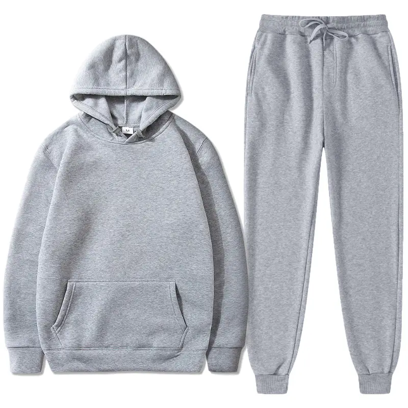 Men Fleece Hoodie Pants Set Black Winter Sportswear