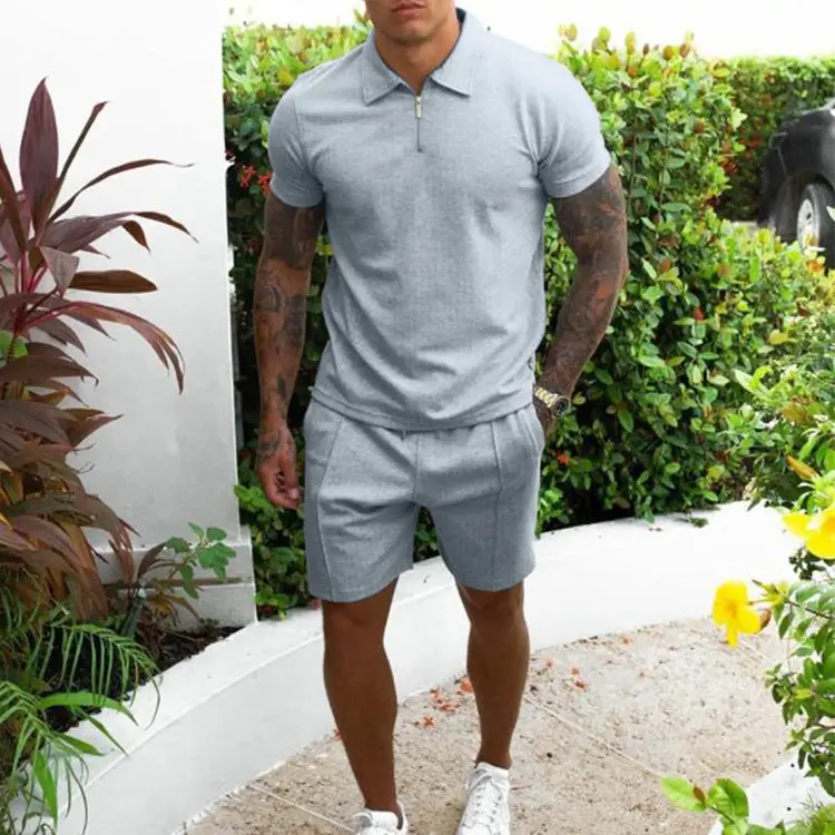 Men Slim Fit Grey Casual Two Piece Suit Shorts Set