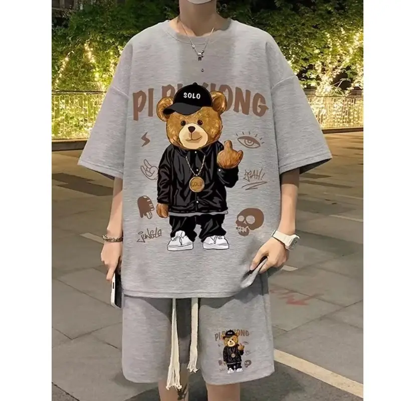 Men Waffle Graphic Track Suit Black Summer Casual