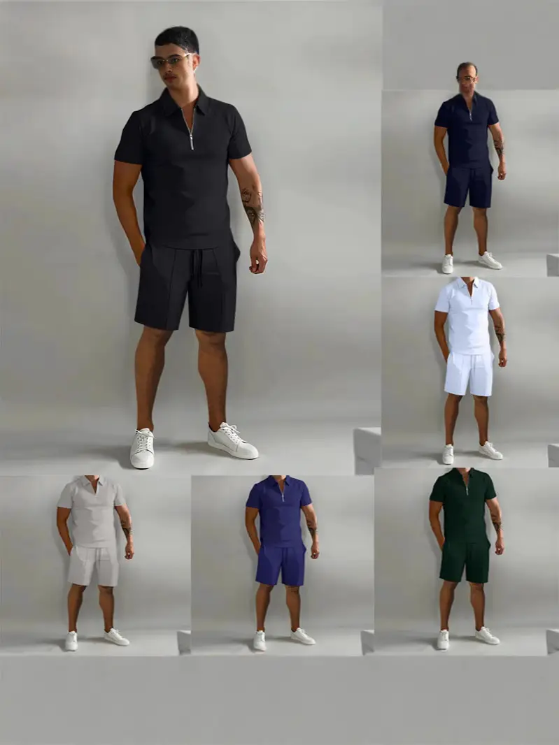 Men's Zip Collar Sports Shorts Set Summer Casual