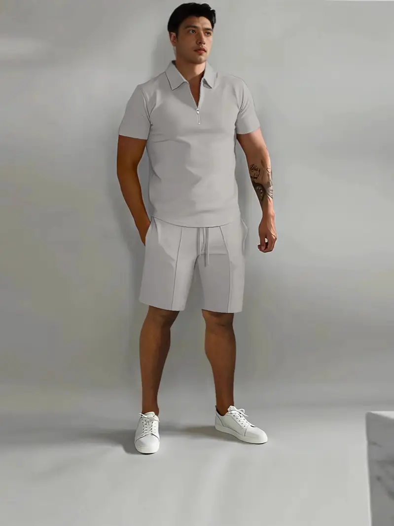 Men's Zip Collar Sports Shorts Set Summer Casual