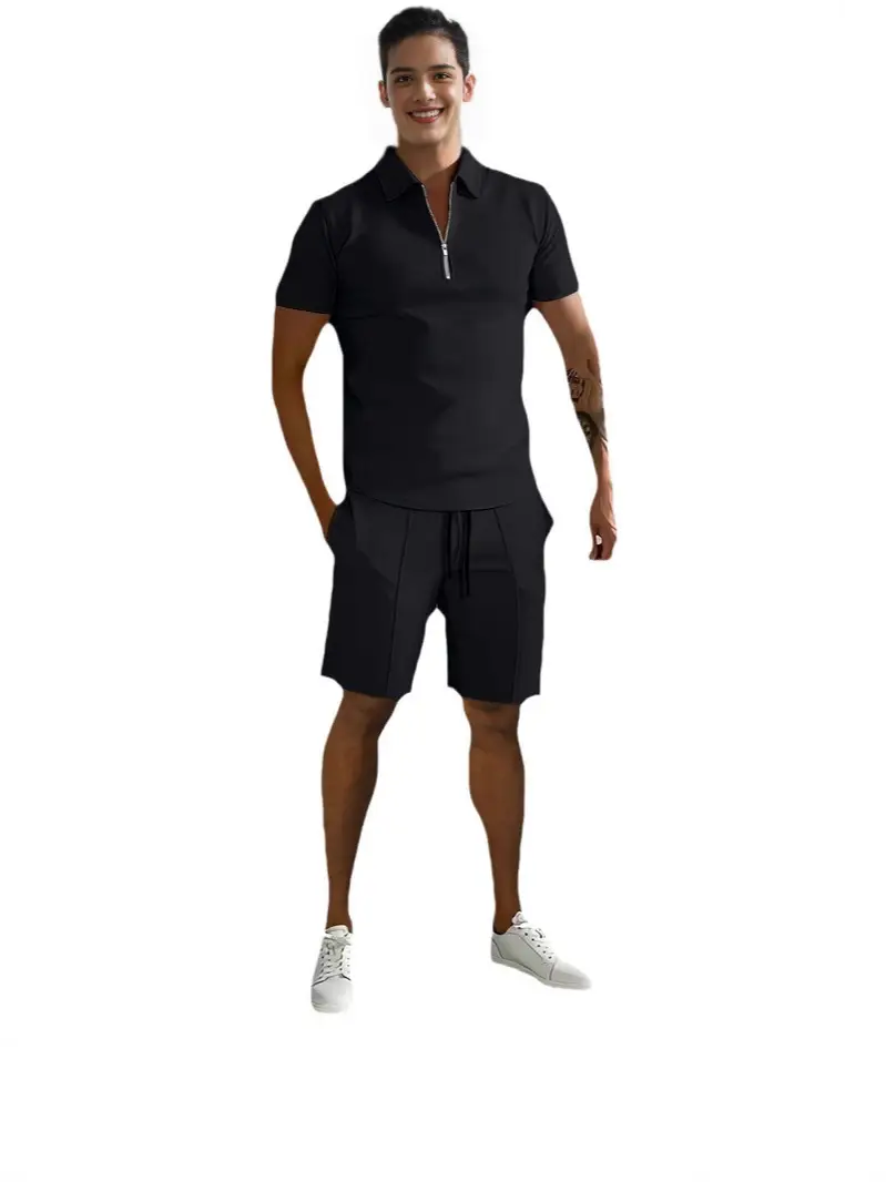Men's Zip Collar Sports Shorts Set Summer Casual