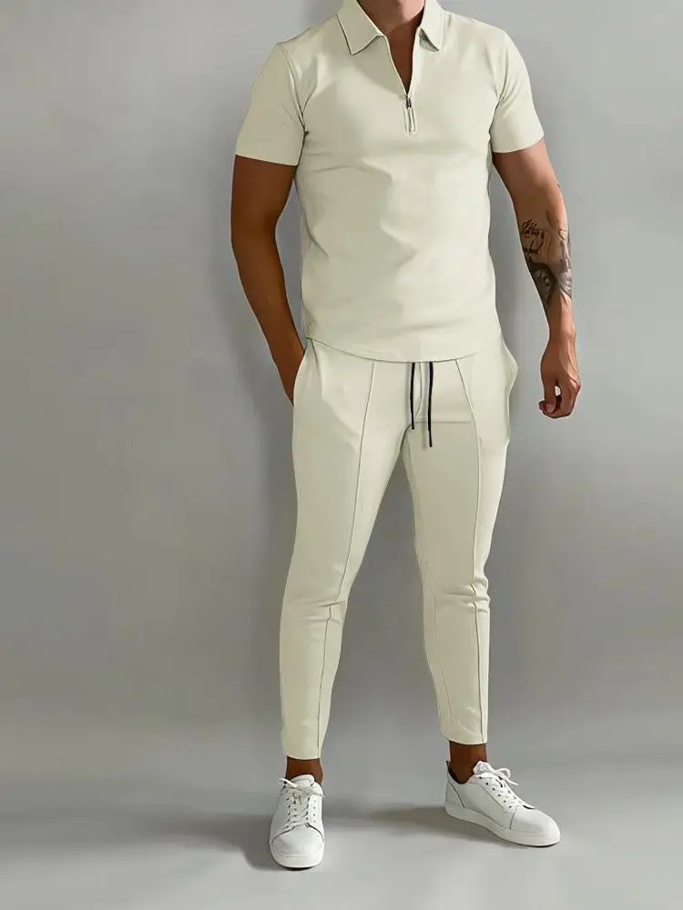 White Slim Fit Men's Casual Sports Suit Summer