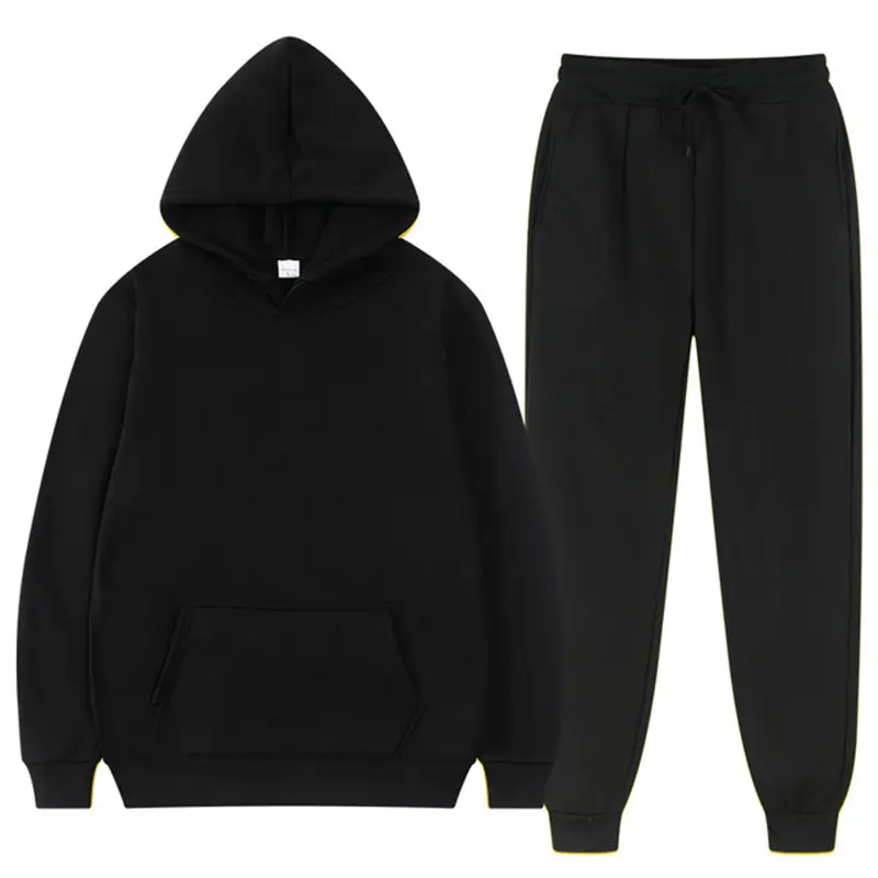 Black Fleece Hoodie Sweatpants Set for Men Women Autumn Casual Loose Fit