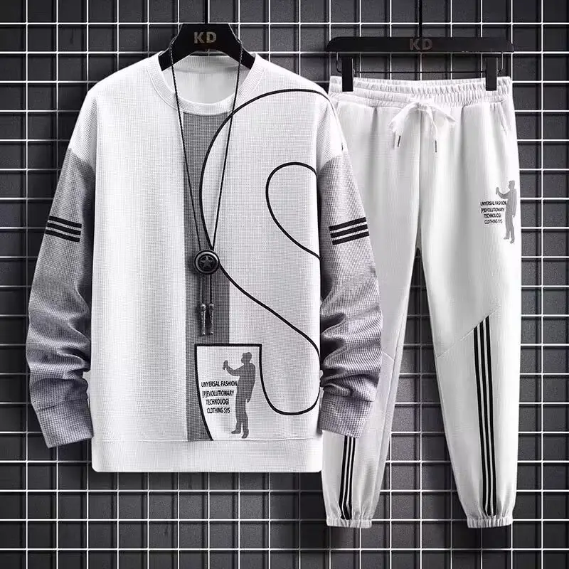Men Waffle Long Sleeve Track Suit White Plus Size Autumn