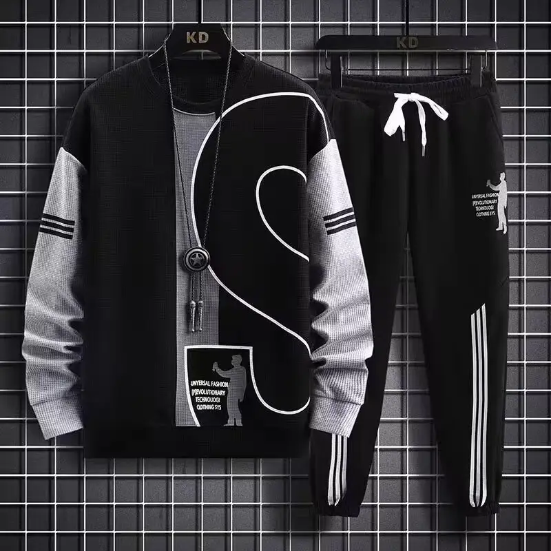 Men Waffle Long Sleeve Track Suit White Plus Size Autumn
