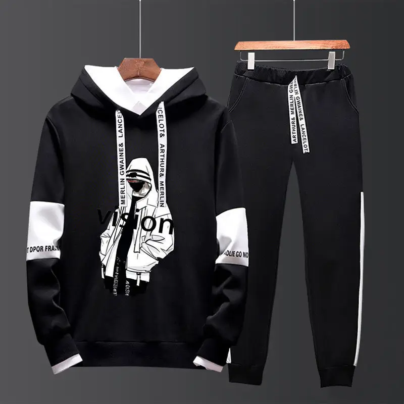 Men Black Graphic Hoodie & Pants Set Casual Sporty