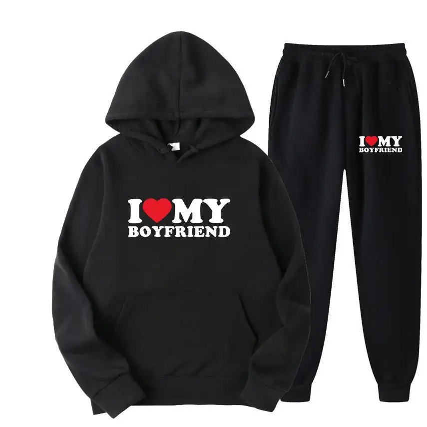 White I Love My Boyfriend Hoodie Pants Set