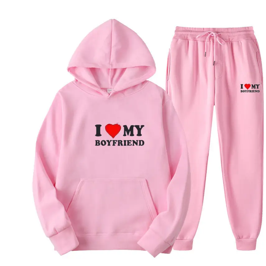 White I Love My Boyfriend Hoodie Pants Set