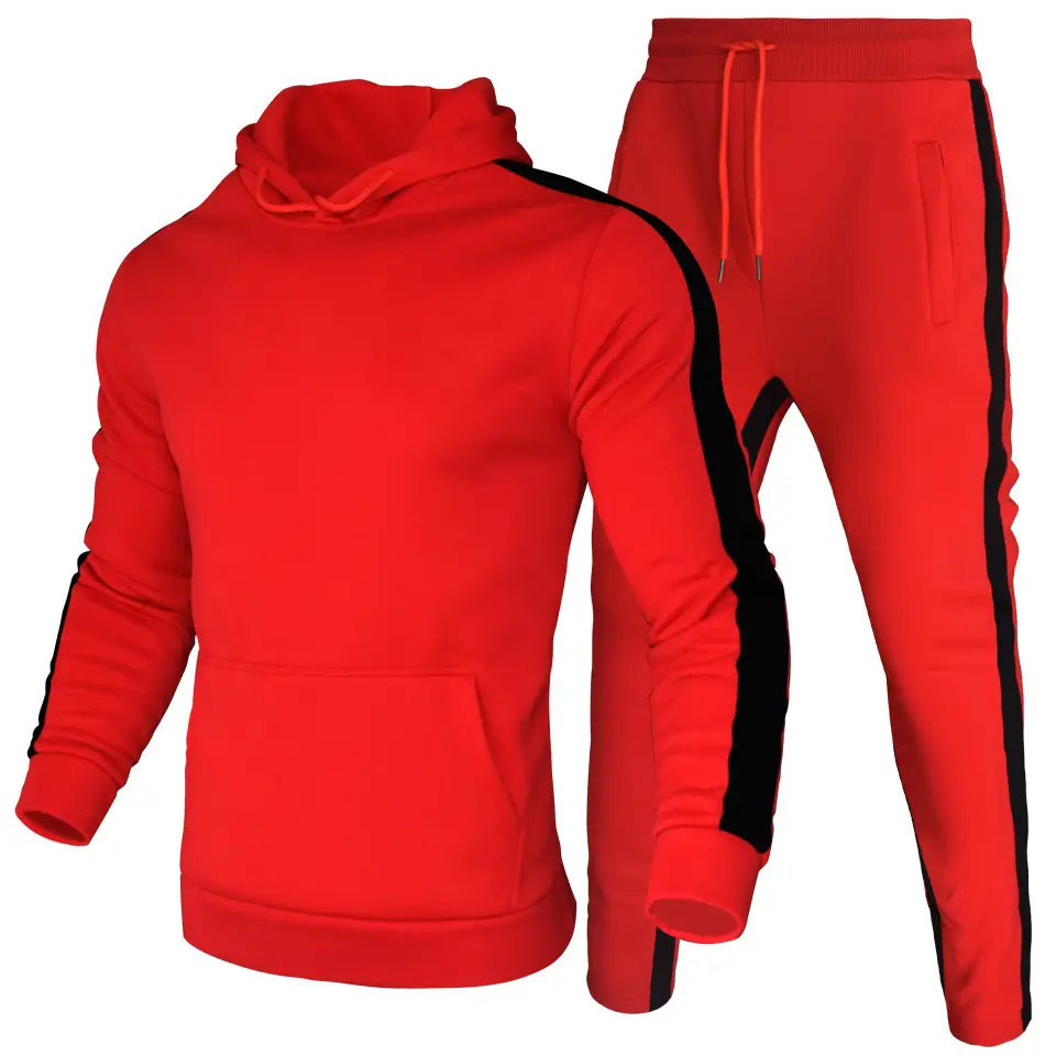 Men Black Red Stripe Hoodie Pants Set Autumn