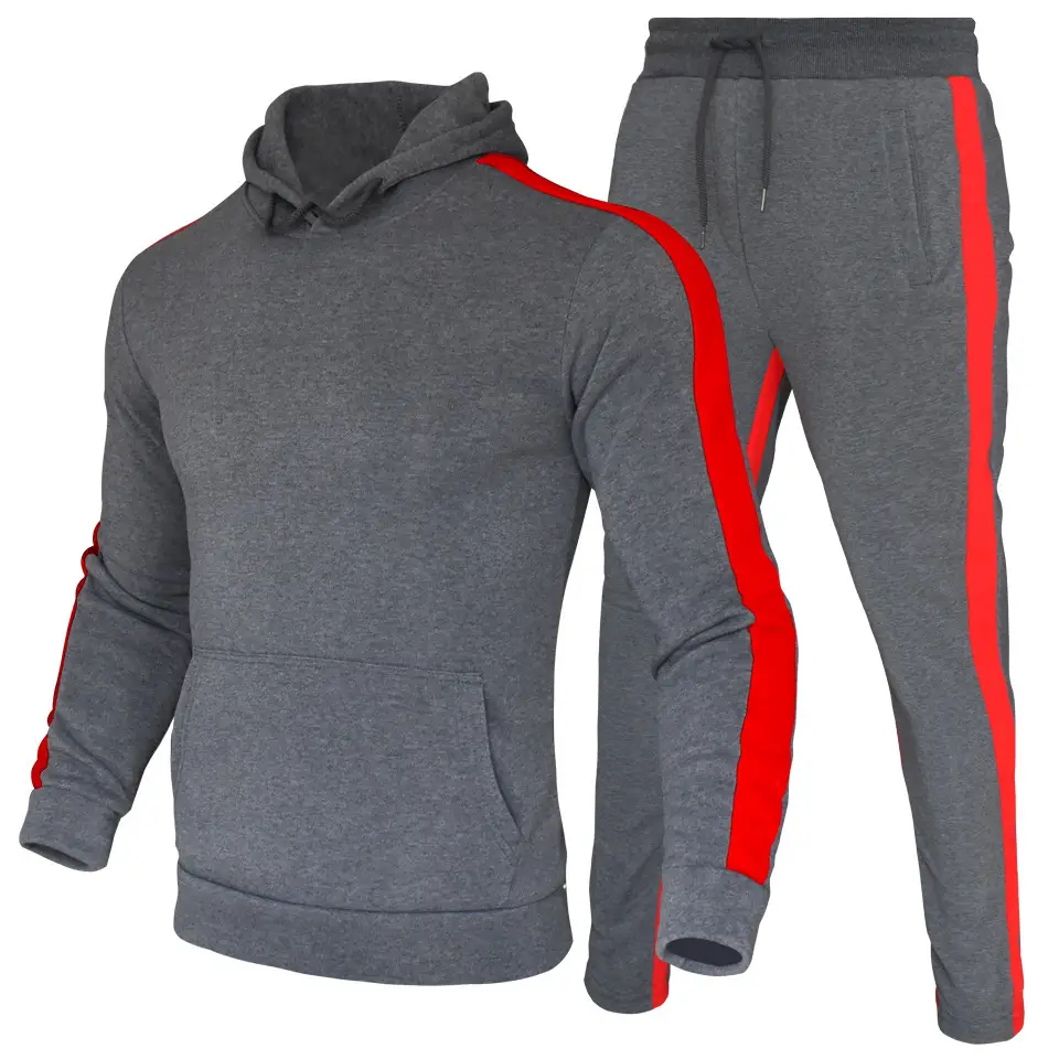 Men Black Red Stripe Hoodie Pants Set Autumn