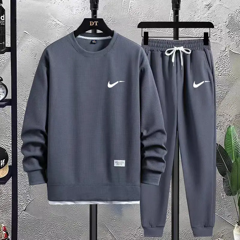 Men Black Waffley Track Suit Loose Fit Autumn