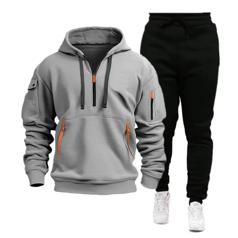Men's Grey Hoodie Sweatpants Set Gray Black Winter Warm