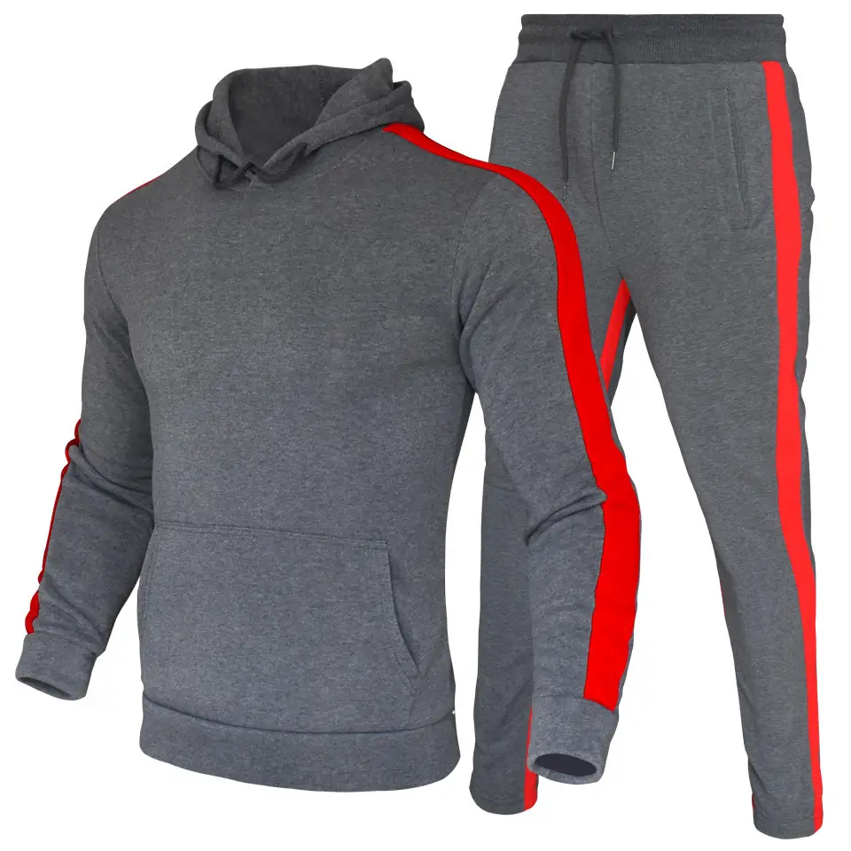 Men Black Red Stripe Hoodie Pants Set Winter