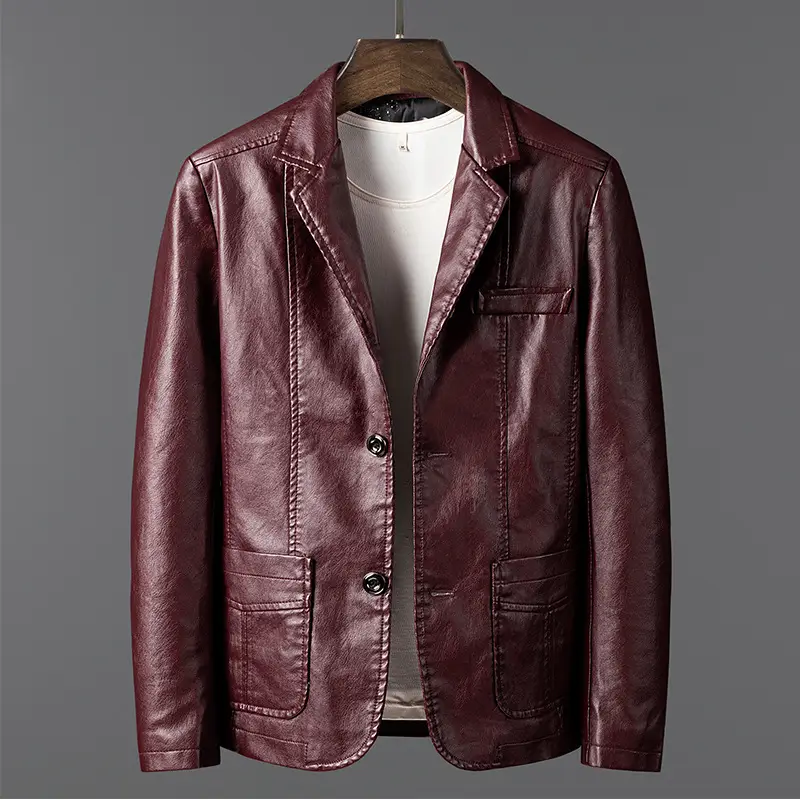 Dark Blue Slim Fit PU Leather Jacket for Men