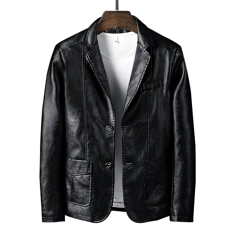 Dark Blue Slim Fit PU Leather Jacket for Men