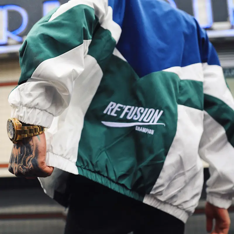 Retro Color-block Loose Jacket M-Green