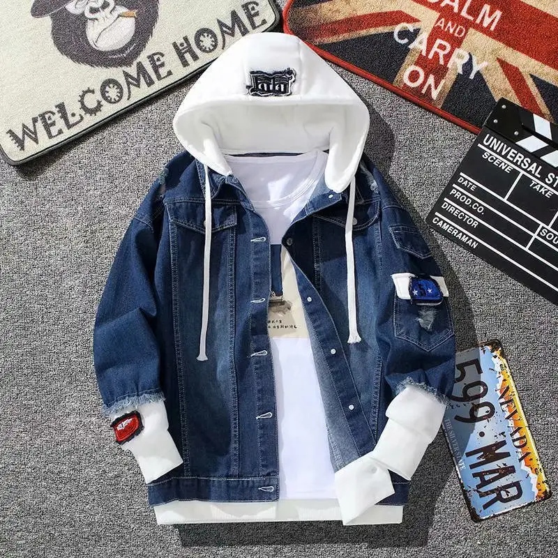 Men's Light Blue Denim Hood Jacket Loose Fit Casual Wear