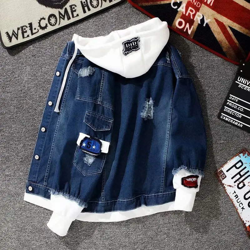 Men's Light Blue Denim Hood Jacket Loose Fit Casual Wear