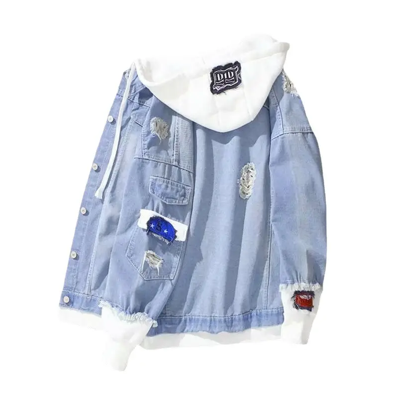 Men's Light Blue Denim Hood Jacket Loose Fit Casual Wear