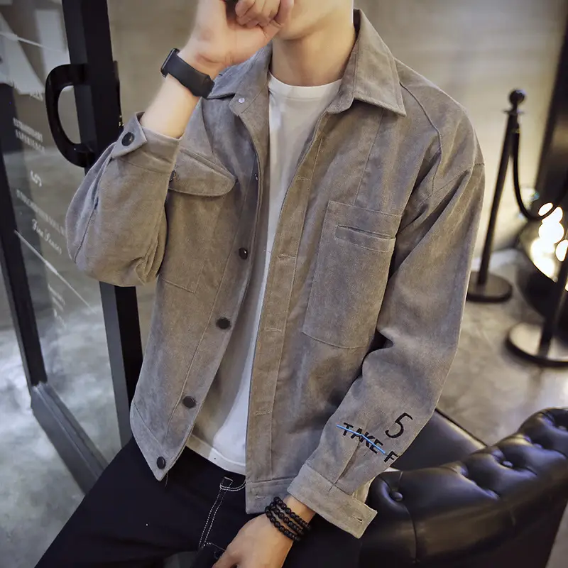 Men Slim Fit Gray Embroidered Casual Jacket Autumn