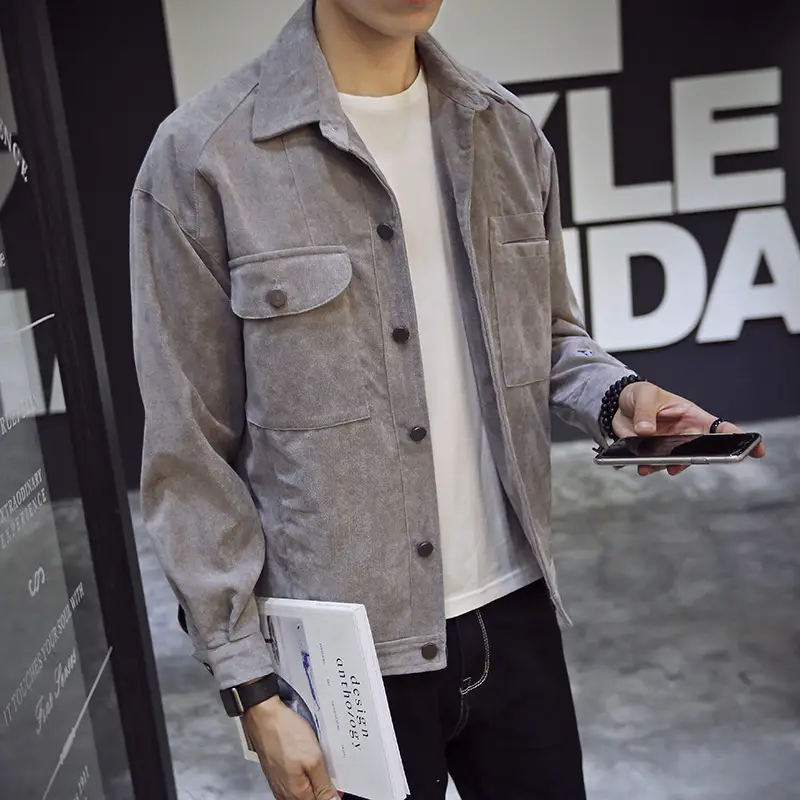 Men Slim Fit Gray Embroidered Casual Jacket Autumn
