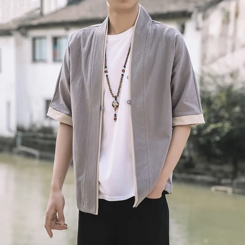 Men Blue Chinese Style Loose Half Sleeve Tang Suit Jacket