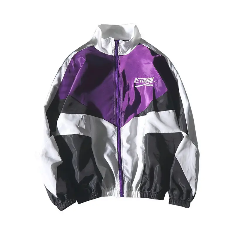 Men Color Block Zipper Jacket Purple Black White