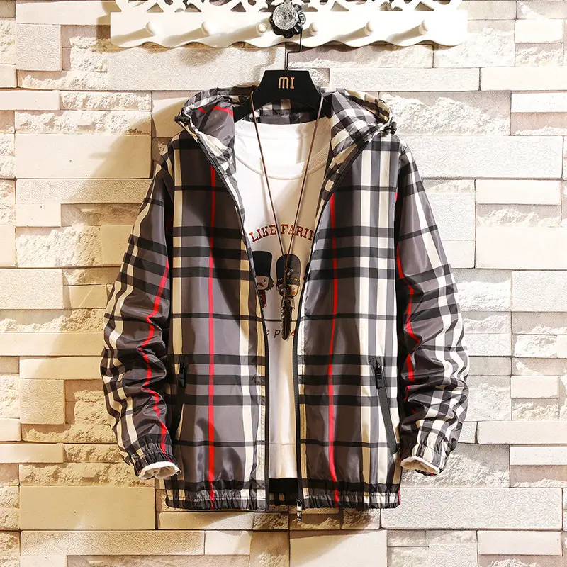 Men Plaid Hooded Jacket Spring Slim Fit Khaki