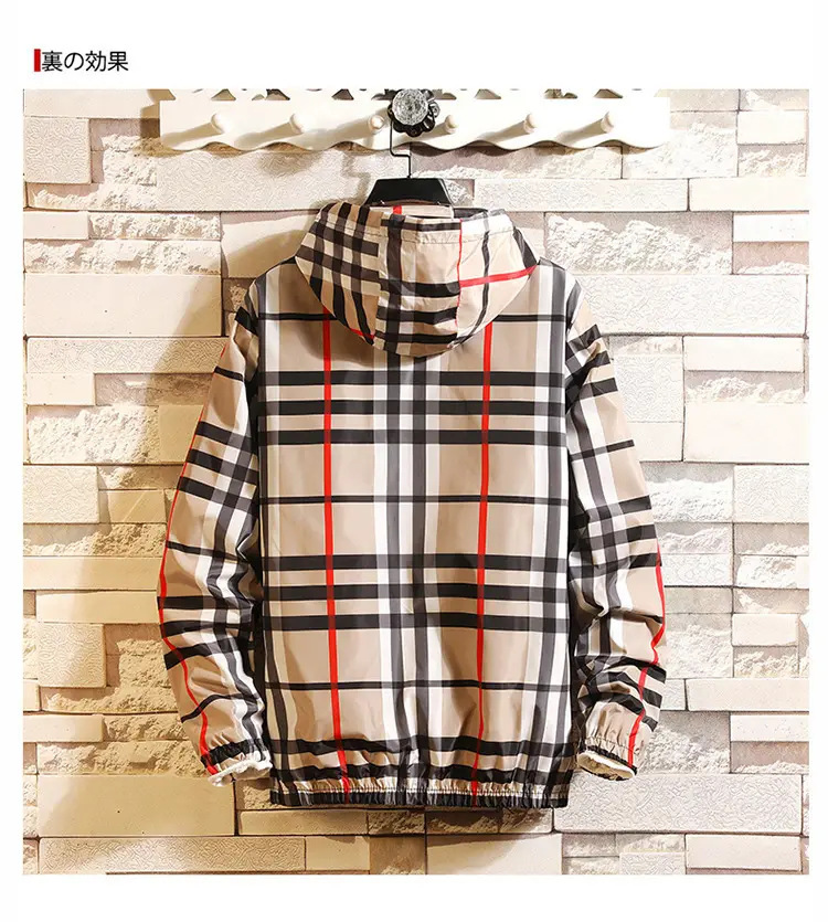 Men Plaid Hooded Jacket Spring Slim Fit Khaki