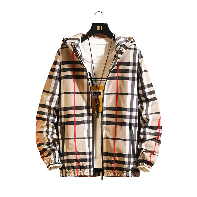 Men Plaid Hooded Jacket Spring Slim Fit Khaki