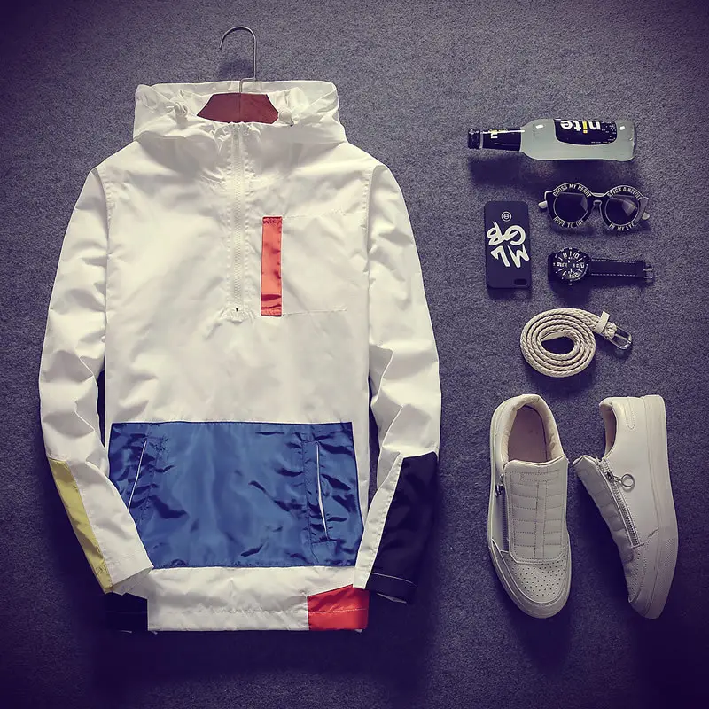 Men Hoodie Color Block Zipper Long Sleeve Autumn Spring